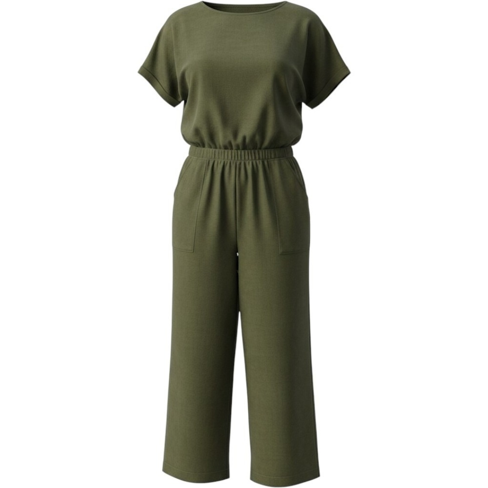 Emery Rose Jumpsuit Set Women XXL Green 2 Piece Short Sleeve Wide Leg Pockets